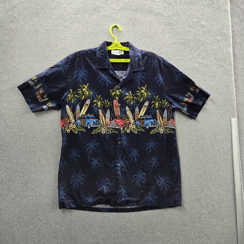 Pacific Legend Apparel Men Button Up Shirt M Navy Classic Cars Surfboards